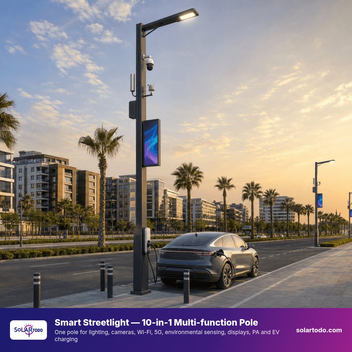 SOLARTODO 10-in-1 multifunction smart pole (LED, 4K camera, Wi-Fi 6, 5G, EV charger)